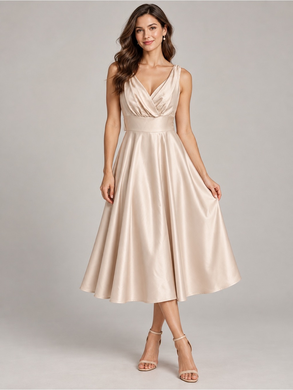 Maggie Boutique Champagne Satin Sleeveless Midi Dress Size 4